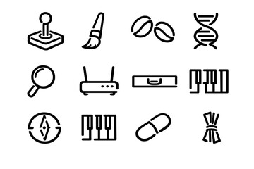 Minimalist black line icons featuring joystick paintbrush coffee beans dna helix magnifying glass router briefcase piano keys and compass © PAPA STOCK