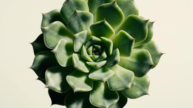 Close-up Overhead View of a Vibrant Green Succulent Plant with Symmetrical Rosette Pattern on a Clean Background.