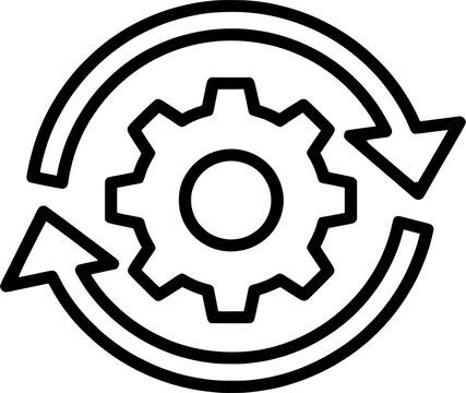 Simple gear and two arrows icon in black and white line art isolated on a transparent background process management cycle concept