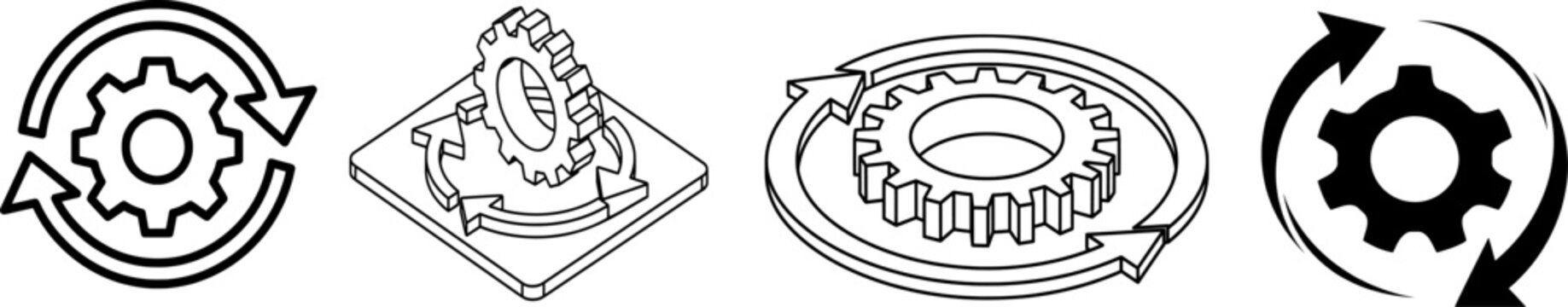 Industrial gear rotation icon set featuring diverse perspective views and flat design styles for mechanical engineering projects and business automation concepts