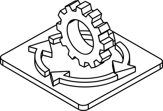 Isometric gear and three arrows icon in black and white line art isolated on a transparent background process management cycle