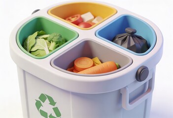 Innovative recycling bin with segmented compartments filled with fresh vegetables and waste items demonstrating sustainable waste management practices