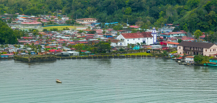 Aerial panorama view of Portobelo Panama with colorful houses, Fort San Jeronimo
