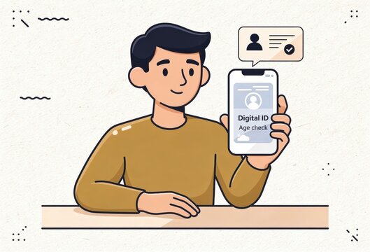 Young man holding digital ID smartphone displaying age verification process for online security measures and trust in digital identity management solutions