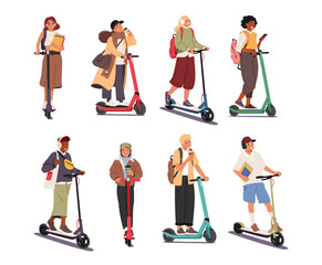 Set of diverse male and female students cartoon characters with backpacks riding electric scooters © Anna Syvak