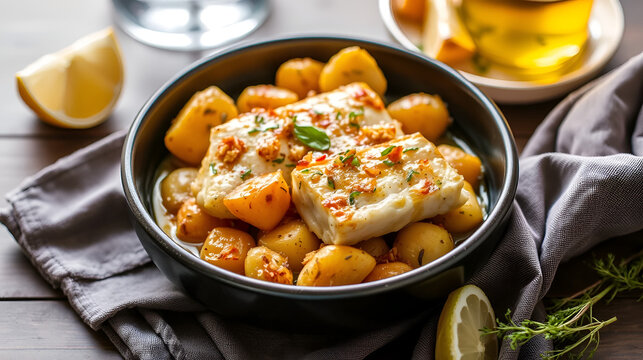 Timbal de bacalao asado con patatas perejil y aceite de oliva