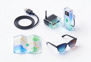 Futuristic tech accessories including USB cable, smart map, portable charger, and stylish sunglasses designed for modern connectivity and on the go lifestyle efficiency