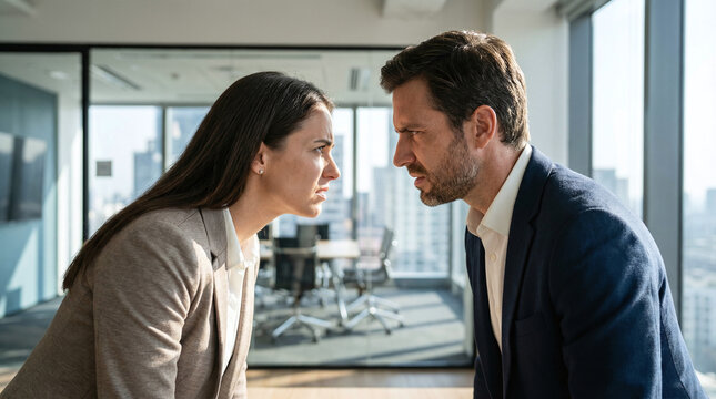 A tense business confrontation between a young Caucasian woman with long dark hair and a young Caucasian man with short dark hair in a modern office setting.