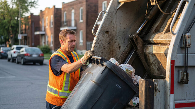 A middle-aged Caucasian man in an orange safety vest collects garbage from a black bin into a garbage truck on a residential street.