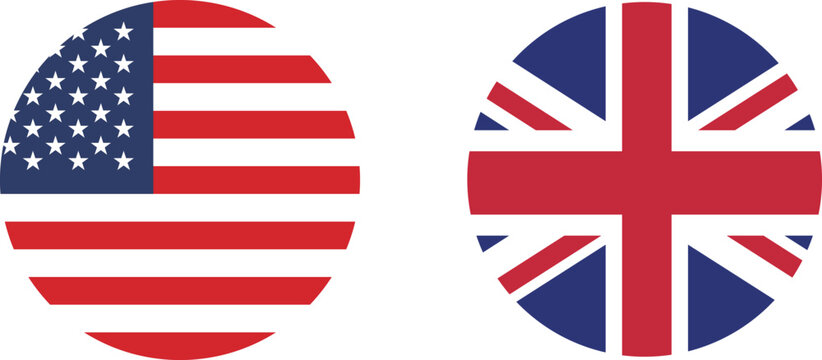 A set of circular icons of the flags of the United States of America and United Kingdom.
