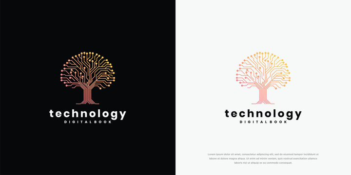 Digital Tree Technology Logo Design with Circuit Board Pattern Modern Tech Growth Concept.