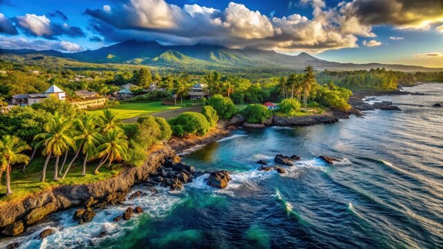 Serene haven on Hilos coastline, surrounded by lush tropical greenery and majestic volcanic peaks