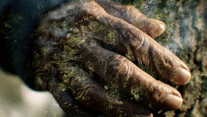 Human hand blending with a tree trunk