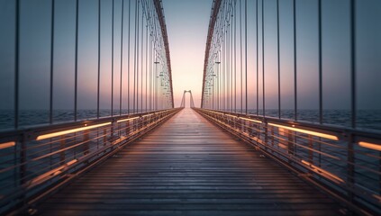 Obraz premium Sunset Over a Bridge With Cables and Water in the Background