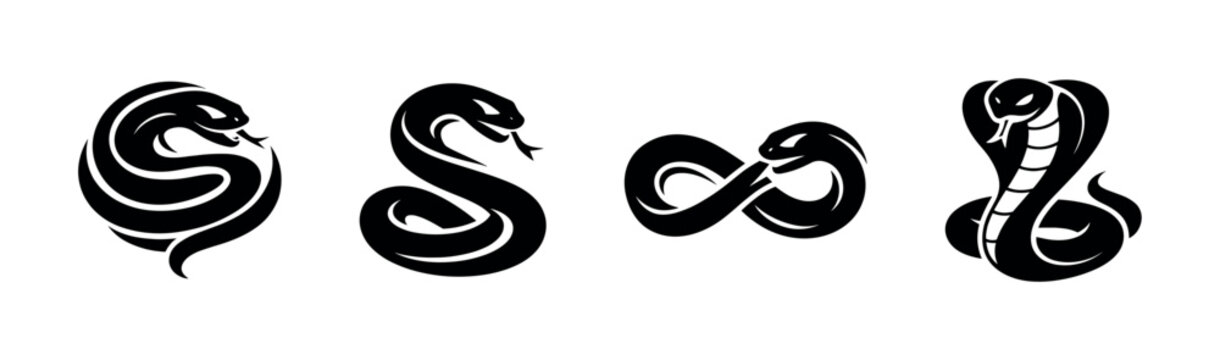 Snake symbols and cobra designs, flat vector illustration