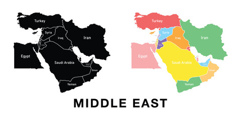 Middle East map set. Black silhouette map and colored detailed map. Vector on white background. © WeDrawing