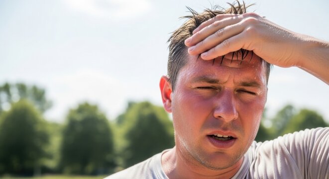 Exhausted man experiencing heatwave and sweating intensely outdoors