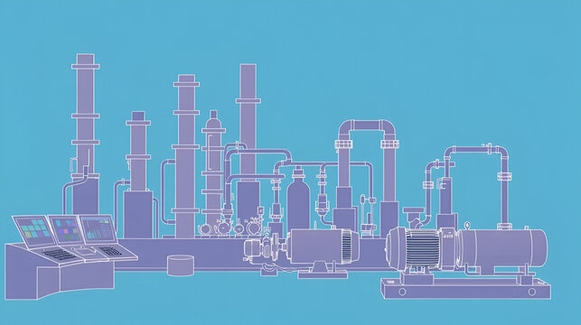 Petroleum industry drawing showing a control room, distillation columns, coker unit, gas turbine driven centrifugal compressor, and motor driven reciprocating compressor