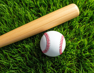 Baseball Bat and Ball on Grass Field.