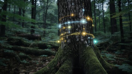 Tree trunk with futuristic glowing technology