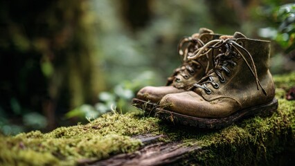 Fototapeta premium Vintage hiking boots on mossy log in forest