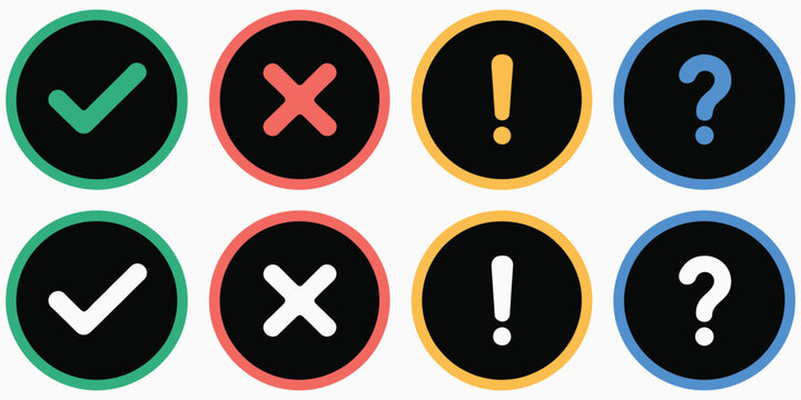 Check list vector icon set in different featuring tick, cross, exclamation point, and question mark symbols, representing true and false, yes or no signs