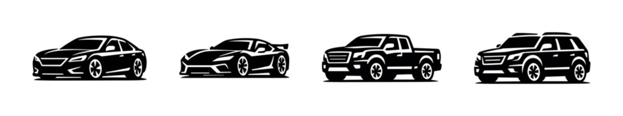 Set of car silhouettes: sedan, sports car, pickup, suv, flat vector illustration