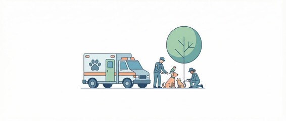 Naklejka premium Emergency pet care responders attending to injured animals beside a specialized ambulance in a tranquil outdoor setting emphasizing compassionate service and animal welfare
