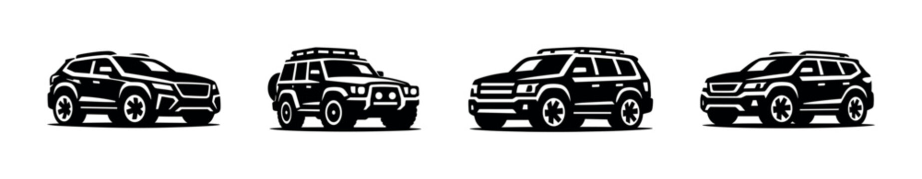 Set of four off-road suv cars in black and white - flat vector illustration