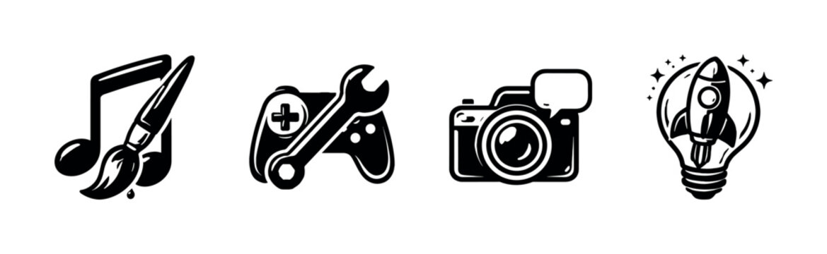 Creative hobbies icons set including music, gaming, photography and ideas - flat vector illustration