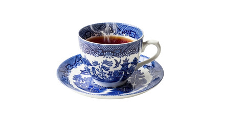 Fototapeta premium Blue Willow teacup and saucer with steam