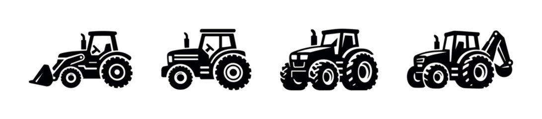Obraz premium Set of tractor silhouettes in different styles, flat vector illustration