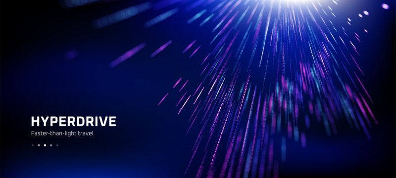 Glowing light trails on a dark blue background representing faster-than-light travel concept. Futuristic hyperdrive effect for technology and abstract design.