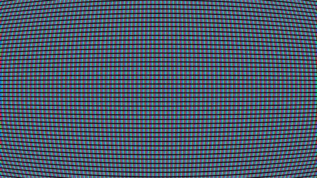 Full frame close up of pixel CRT screen showing curved grid of red, green, blue subpixels. Retro display macro texture for vintage technology.