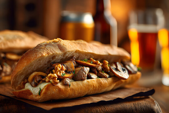 Panino da pub ripieno di funghi, hamburger di carne, provola e noci fotografato davanti a delle birre in lattina