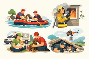 Diverse Emergency Animal Rescue Operations Highlighting Compassionate Heroes in Action to Save Pets from Floods, Fires, and Disasters with Unwavering Commitment to Animal Welfare