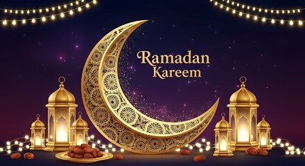Fototapeta premium Golden crescent moon with lanterns and Ramadan Kareem text
