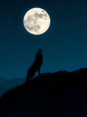 Fototapeta premium A cinematic shot of a lone wolf howling at the moon on a snowy ridge, silhouetted against a dark, starry sky, representing wild nature.
