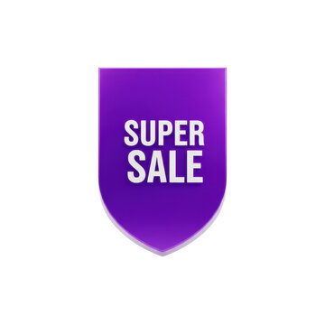 a highly saturated 3d purple vertical shield badge displaying 'super sale' in bold white sans-serif, sharp edges, isolated on a transparent background. concept for urgent retail promotion