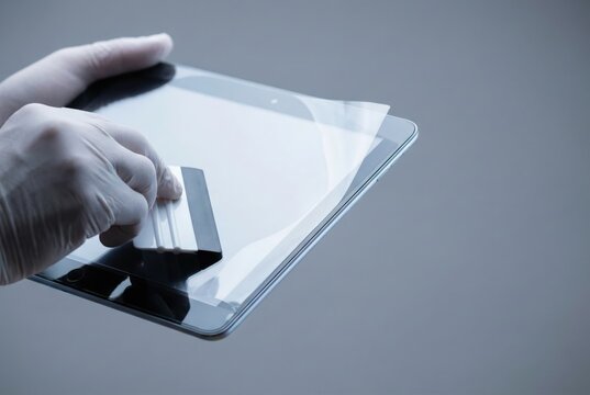 A person wearing a white glove uses a squeegee tool to smoothly apply a clear protective film to a tablet screen, preventing scratches and bubbles.