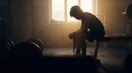 Youth athlete silhouette tying wrist wraps against dark negative space