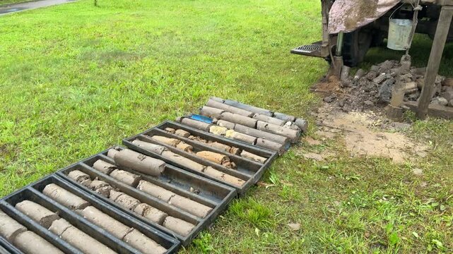 Soil core samples laid on grass drilling rig and auger near shallow borehole muddy cylindrical cores in plastic trays shovel and drill bits beside borehole geologist performing field logging.