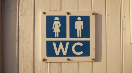 Obraz premium blue WC restroom sign with male and female pictograms on white vertical wood planks, enamel plate with mounting screws and warm side lighting
