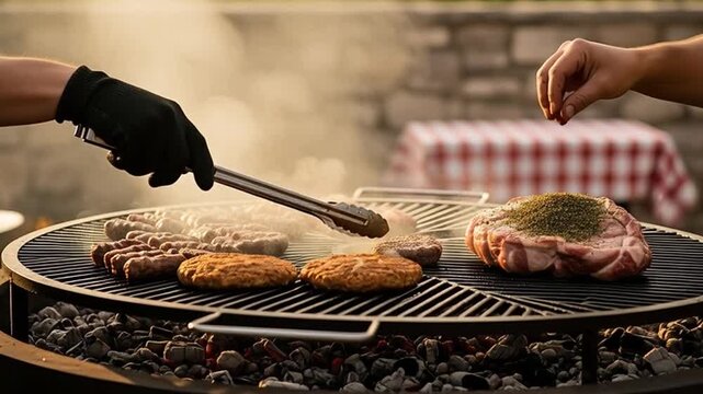 Smoked Feast: a close-up of hands working on an open-air, circular grill with assorted seasoned meats cooking. A culinary delight where the savory aroma of barbecued cuisine fills the air.