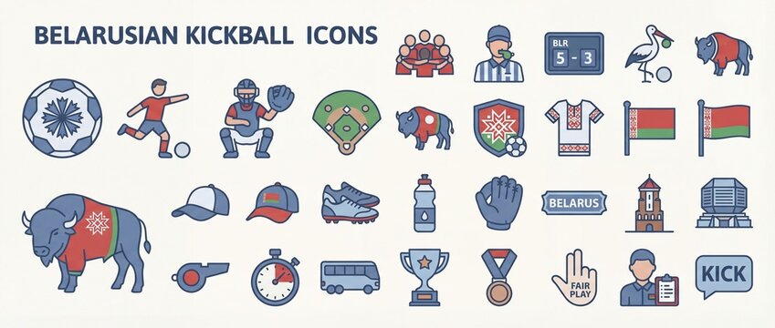 Belarusian kickball icons show different elements related to the sport and culture of Belarus in a colorful and simple design