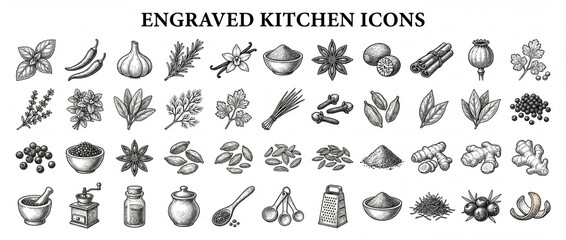 Obraz premium Engraved kitchen icons show various spices, herbs, and kitchen tools organized in a clear layout for easy reference in cooking