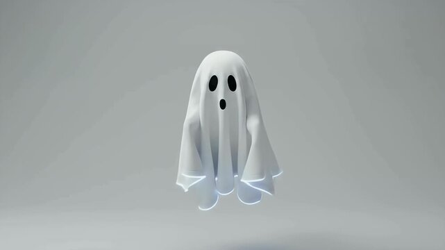 Cute classic white sheet ghost floating on a gray background