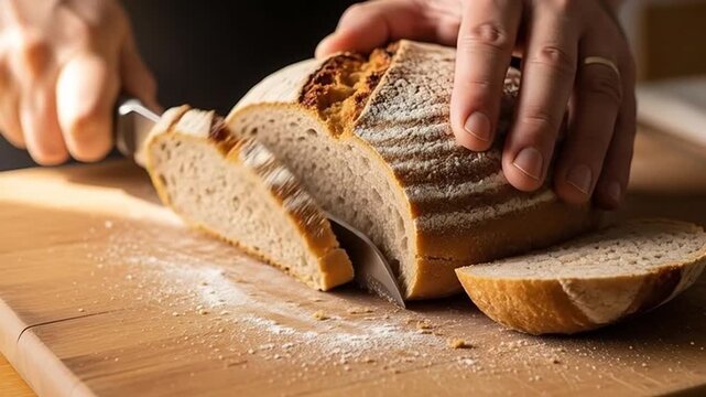 Artisan Bread Cutting: A close-up shot of a hand slicing into a freshly baked loaf of bread, revealing the textures and aromas of the baked bread on a wooden board.