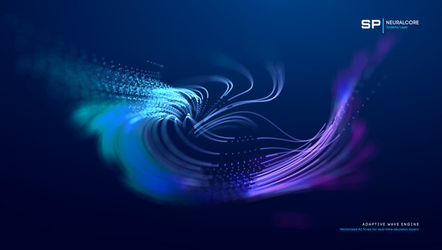 Wave abstract data with ai background digital and blue intelligence tech. Network neon sustainable with concept ripple line and flow technology bg. 3d voice artificial with design neural space.