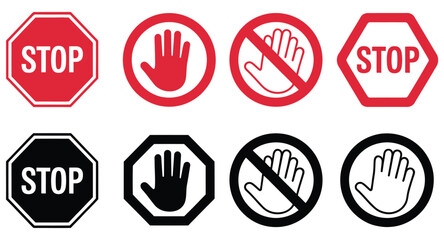 Warning and stop vector icons with hand, exclamation mark, and no entry symbols, perfect for road safety, traffic signage, caution alerts, prohibition signs, and vector © welcome  saiful  